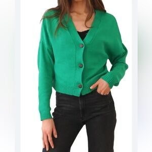 0121. New Aqua Boxy Long Sleeve Cardigan In Fern Green Women's Sweater